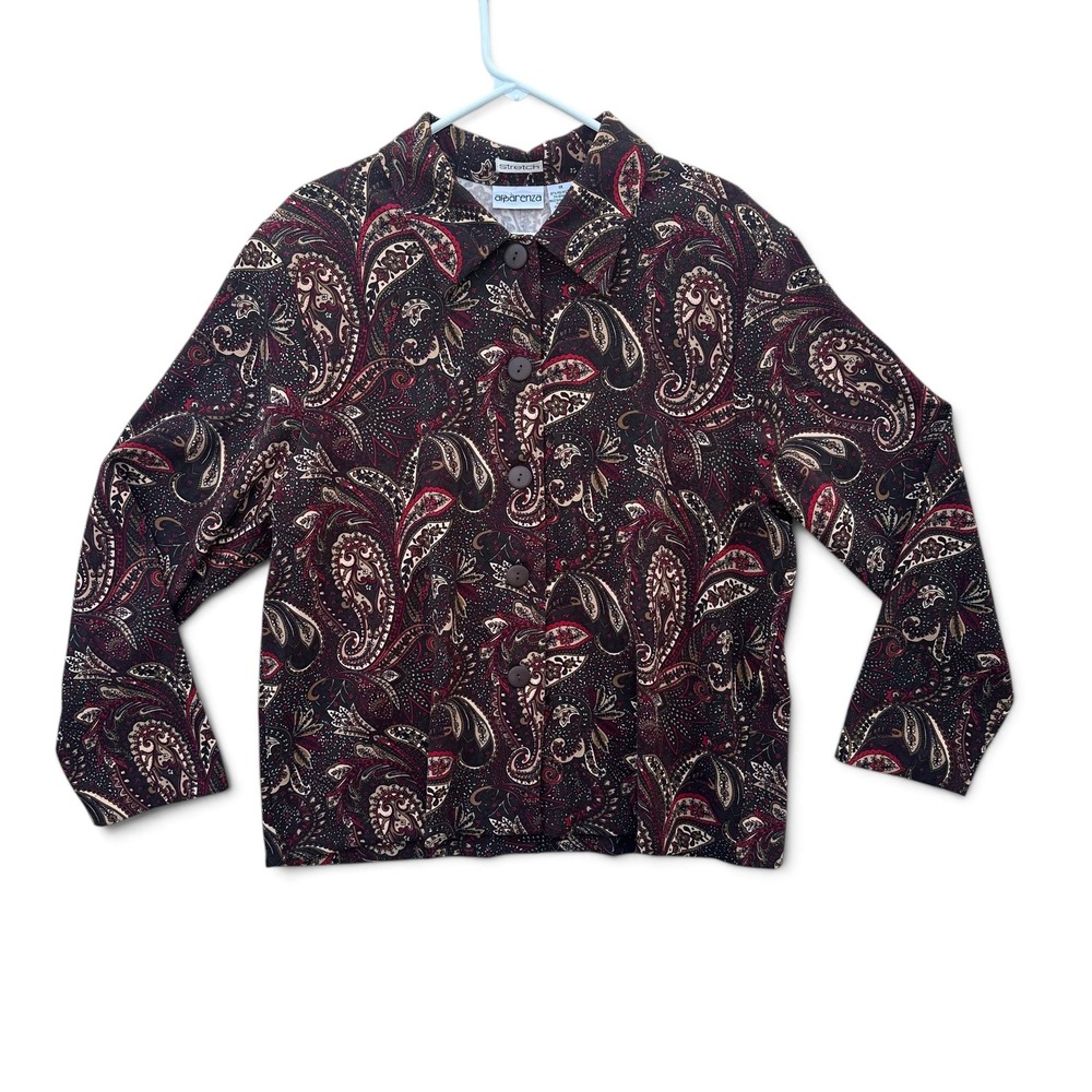 Apparenza Stretch Womens 1X Paisley Jacket Blazer Brown Red Shoulder Pads